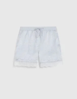 Short fluide bleu ciel satiné bordé dentelle Femme