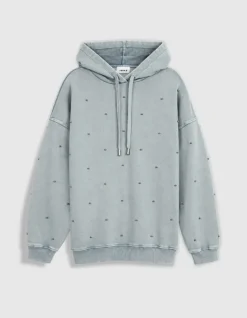 Sweat capuche bleu broderies strass Femme