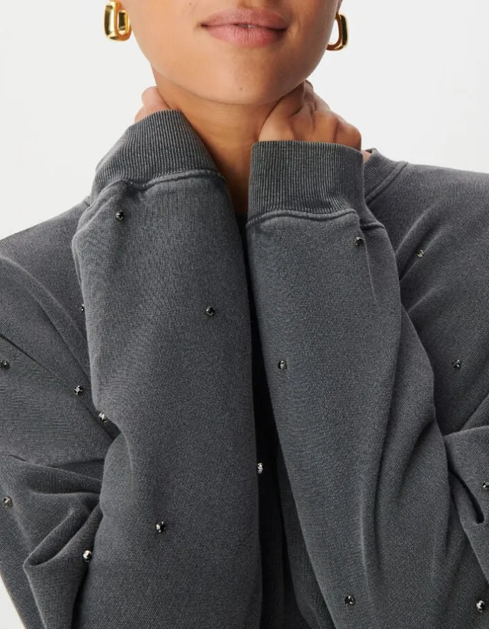 Sweat gris broderies strass Femme