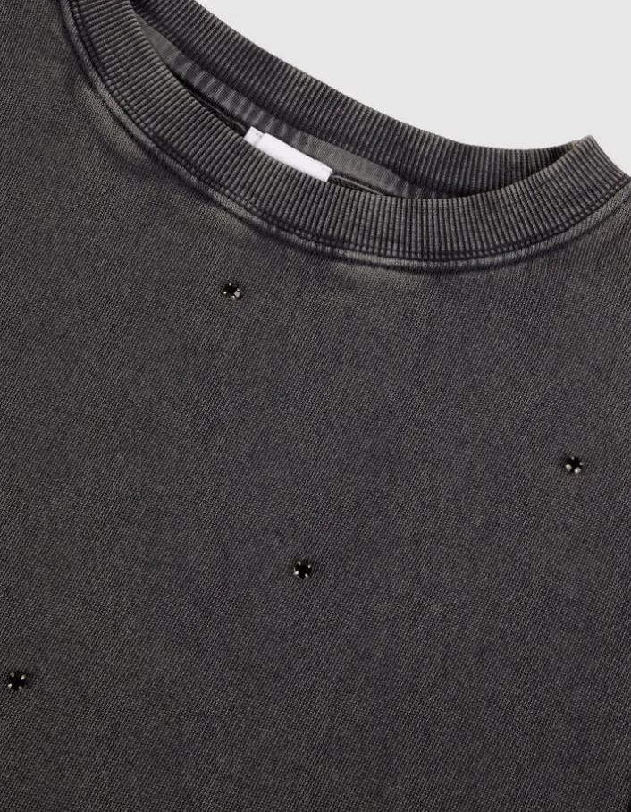 Sweat gris broderies strass Femme