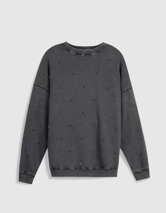 Sweat gris broderies strass Femme