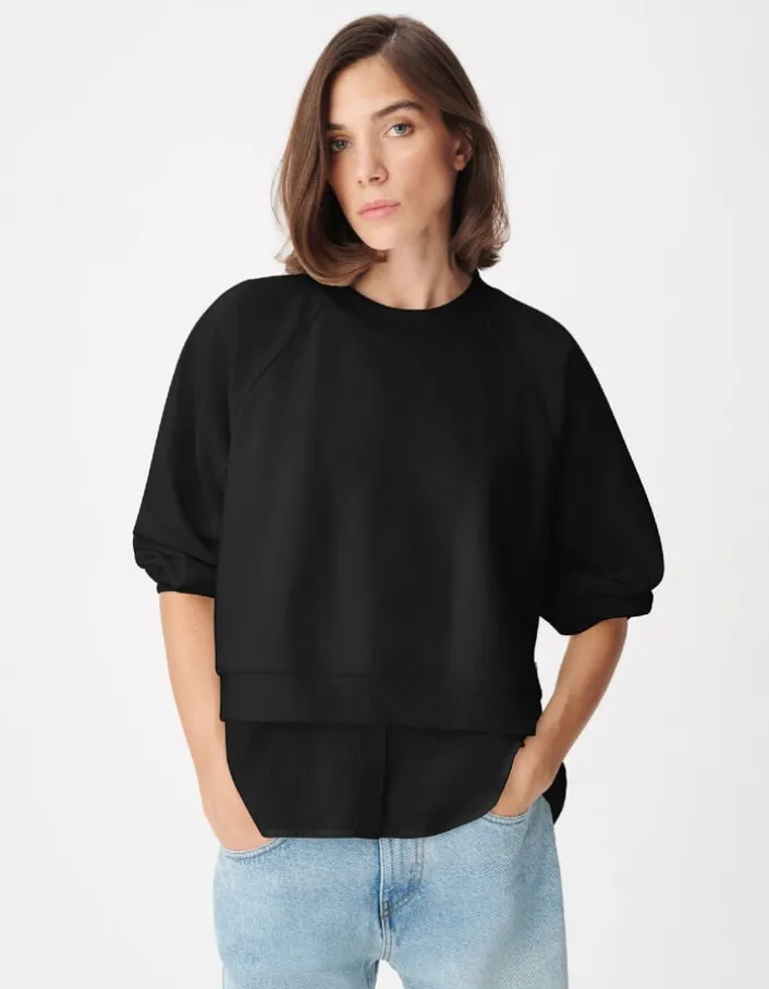 Sweat noir bi-matière trompe-l'oeil chemise Femme