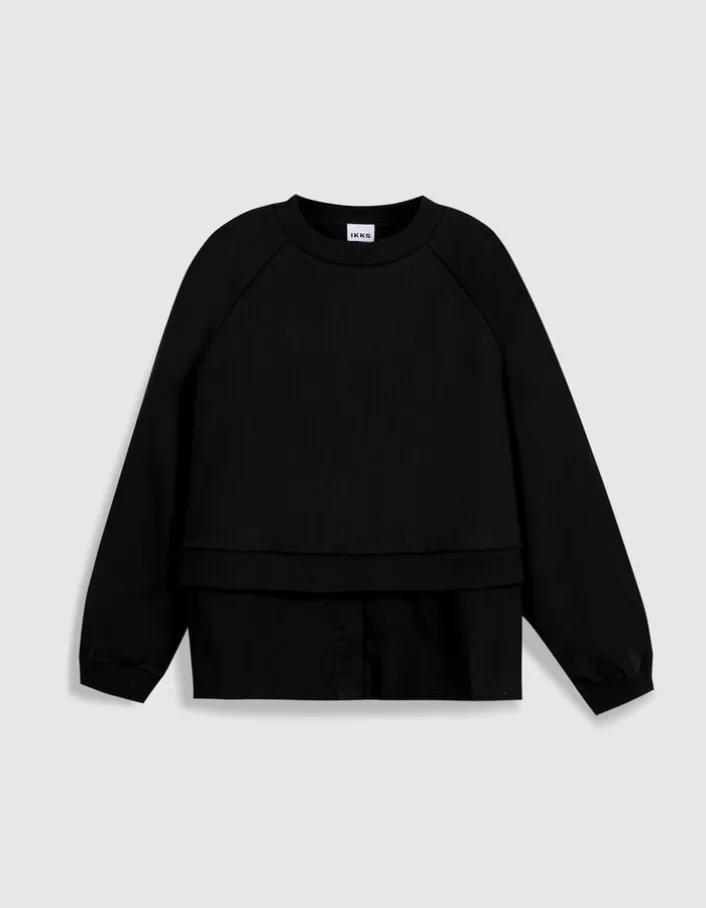 Sweat noir bi-matière trompe-l'oeil chemise Femme