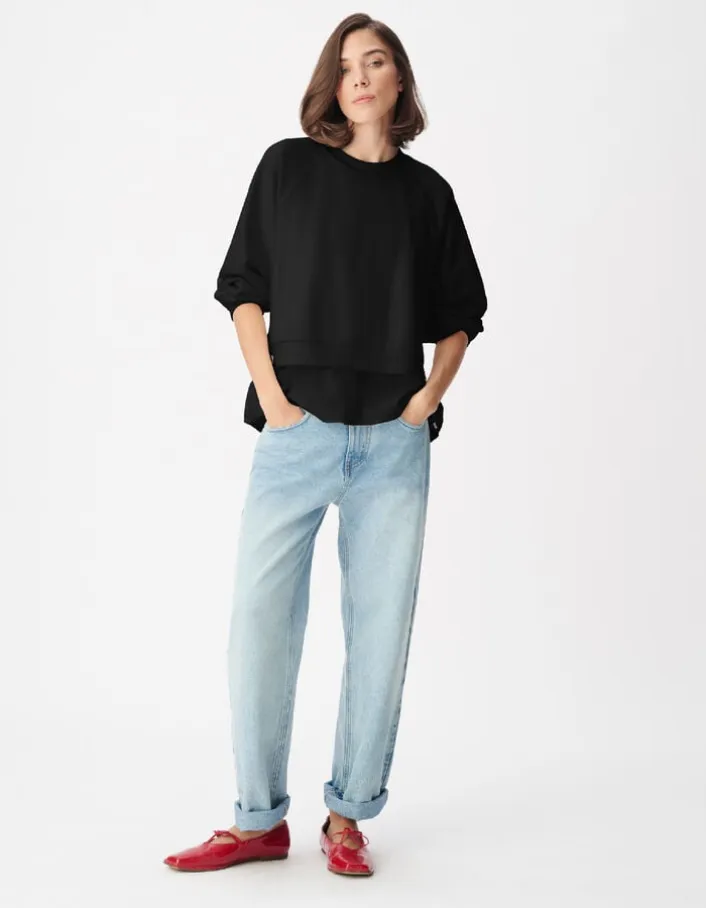Sweat noir bi-matière trompe-l'oeil chemise Femme