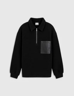 Sweat zippé noir laine bouillie une poche plaquée Homme