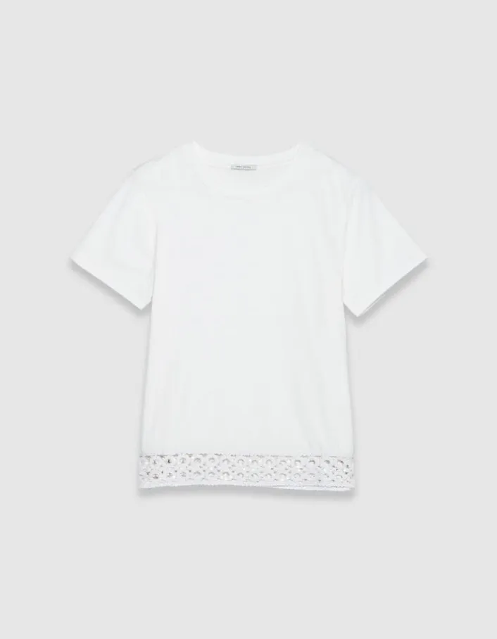 Tee-shirt col rond blanc détail crochet et sequins Femme