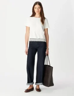 Tee-shirt col rond blanc détail crochet et sequins Femme