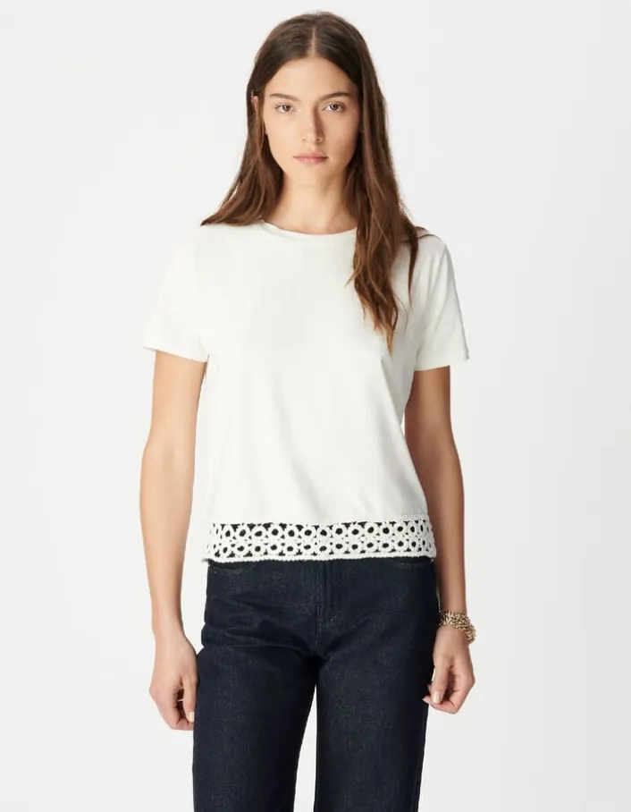 Tee-shirt col rond blanc détail crochet et sequins Femme