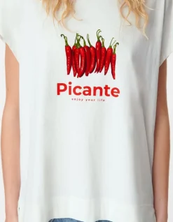 Tee-shirt col rond blanc visuel piments et messages Femme