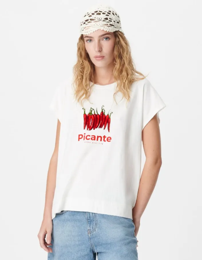 Tee-shirt col rond blanc visuel piments et messages Femme