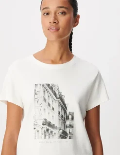 Tee-shirt col rond blanc visuel immeuble Femme