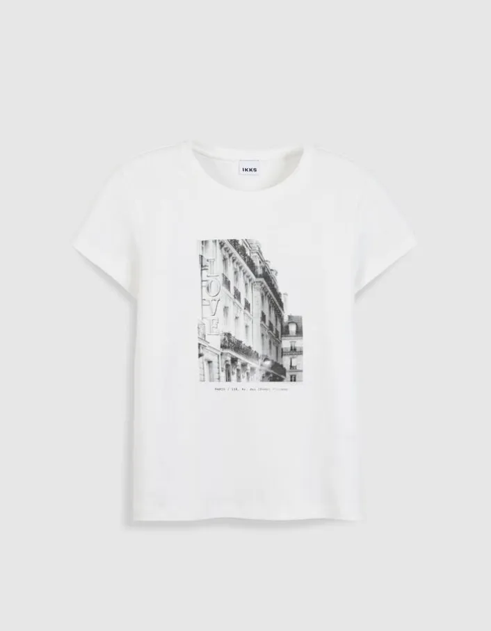 Tee-shirt col rond blanc visuel immeuble Femme