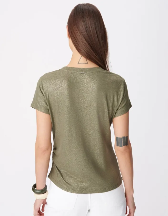 Tee-shirt col rond kaki lurex asymétrique Femme