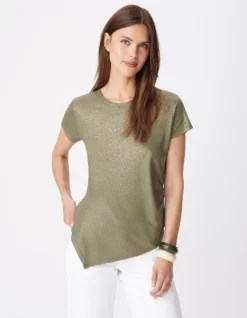 Tee-shirt col rond kaki lurex asymétrique Femme