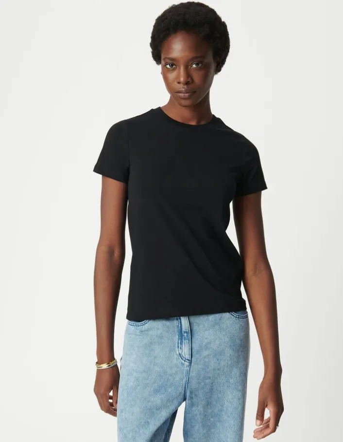 Tee-shirt col rond noir broderie chevrons dos Femme