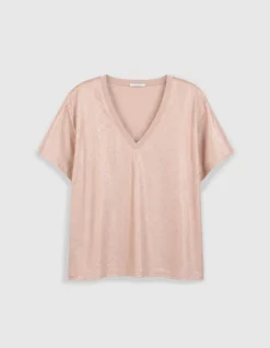 Tee-shirt col V beige doré Femme