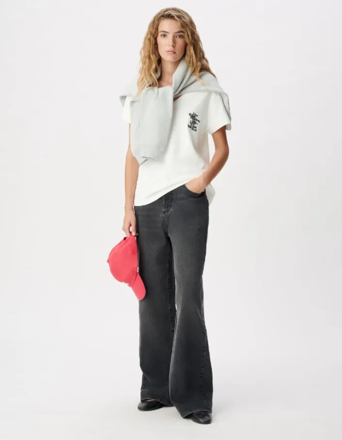 Tee-shirt col V blanc broderie message Femme