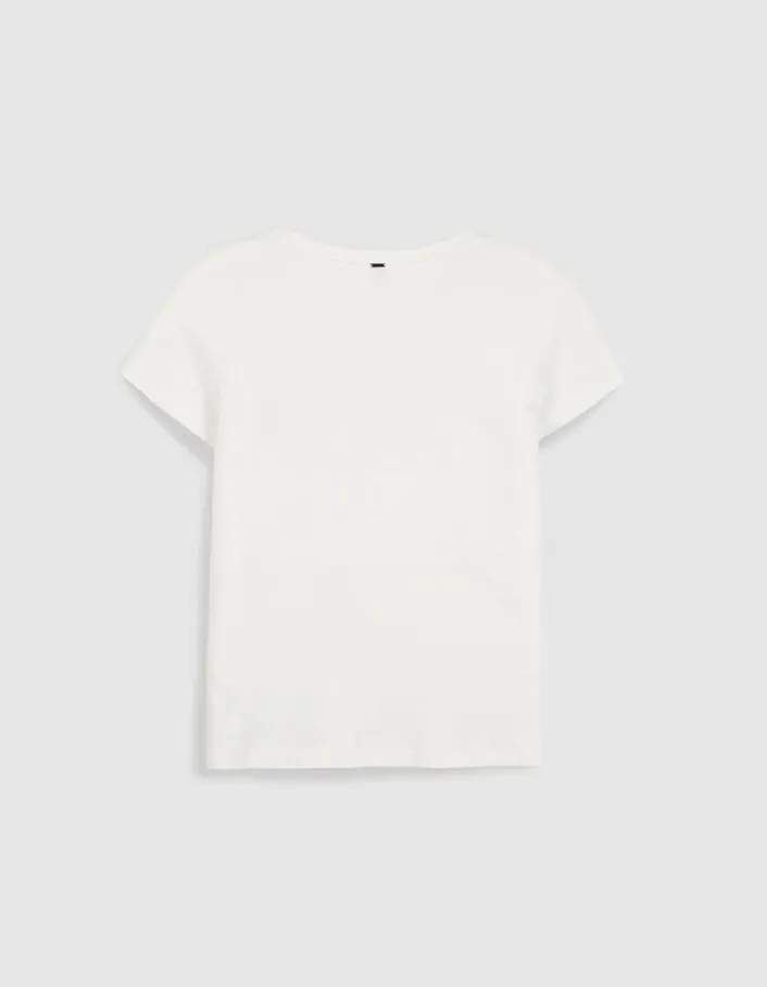 Tee-shirt col V blanc broderie message Femme