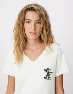 Tee-shirt col V blanc broderie message Femme