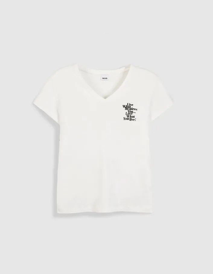 Tee-shirt col V blanc broderie message Femme