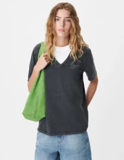 Tee-shirt col V gris maxi visuel dos Femme