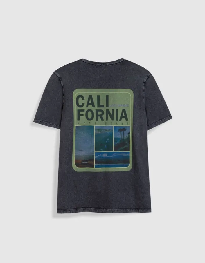 Tee-shirt col V gris maxi visuel dos Femme