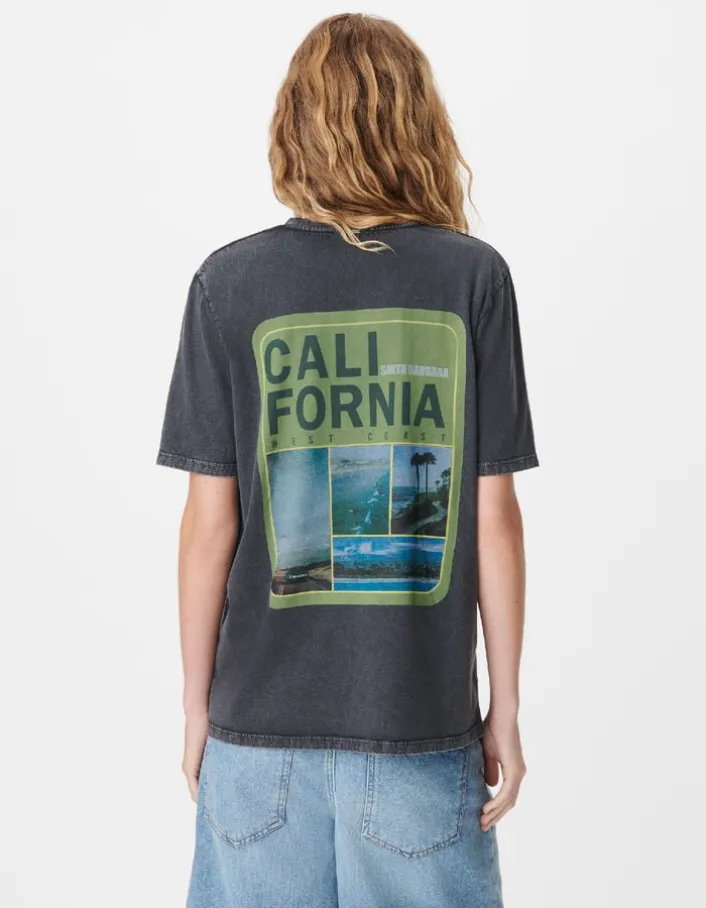 Tee-shirt col V gris maxi visuel dos Femme