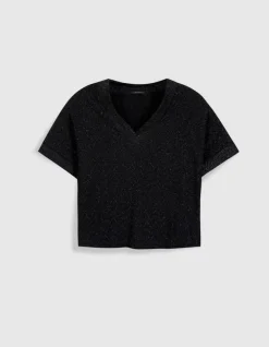 Tee-shirt col V noir lurex maille fantaisie Femme