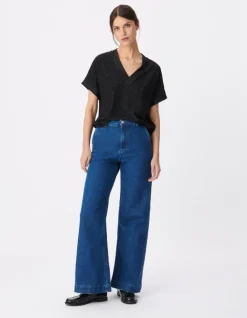 Tee-shirt col V noir lurex maille fantaisie Femme