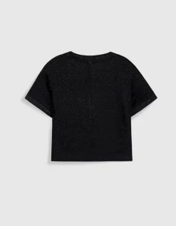 Tee-shirt col V noir lurex maille fantaisie Femme