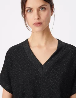 Tee-shirt col V noir lurex maille fantaisie Femme