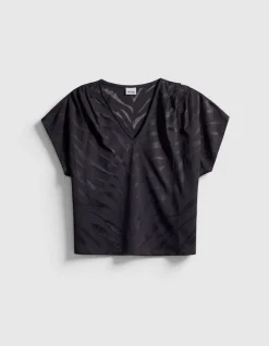 Tee-shirt col V noir motif zèbre en transparence Femme