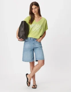 Tee-shirt col V vert à message Femme