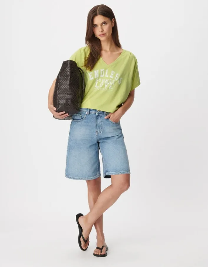 Tee-shirt col V vert à message Femme