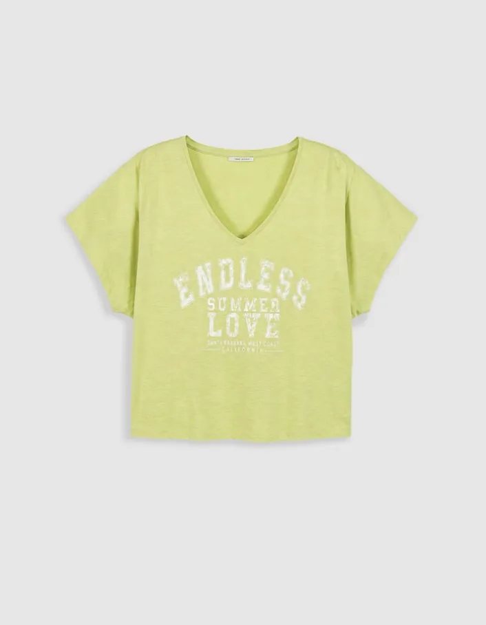 Tee-shirt col V vert à message Femme