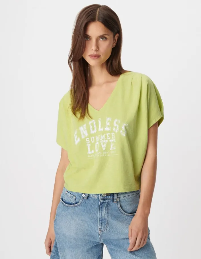 Tee-shirt col V vert à message Femme