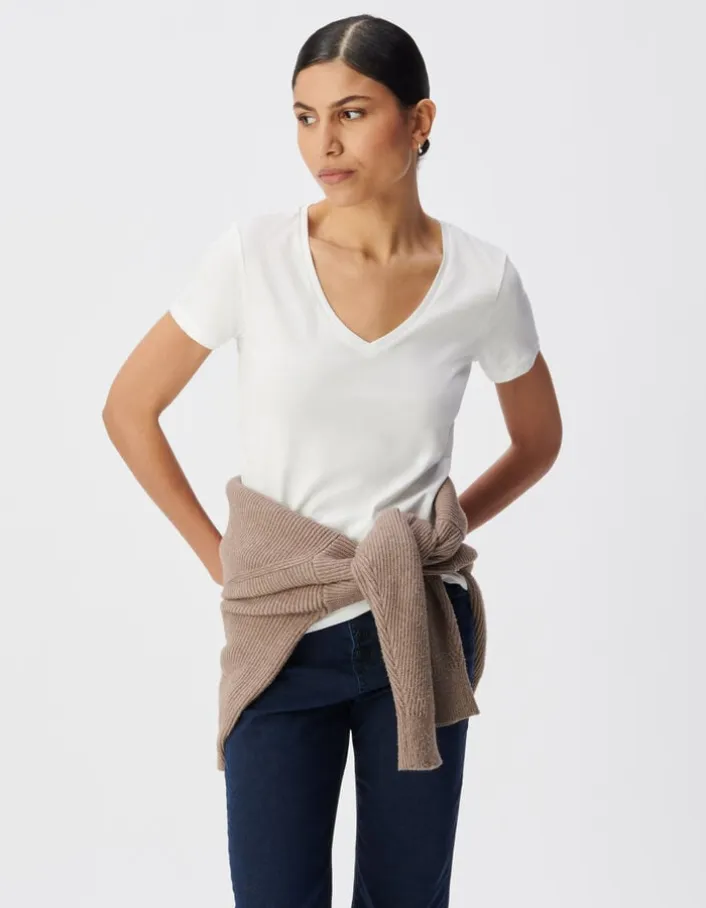 Tee-shirt encolure V blanc broderie chevrons dos Femme