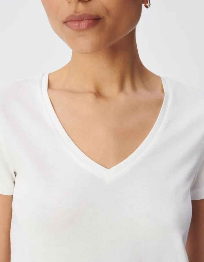 Tee-shirt encolure V blanc broderie chevrons dos Femme