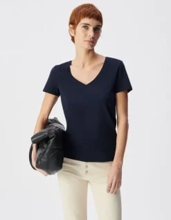 Tee-shirt encolure V marine broderie chevrons dos Femme