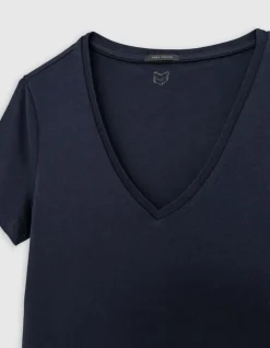 Tee-shirt encolure V marine broderie chevrons dos Femme