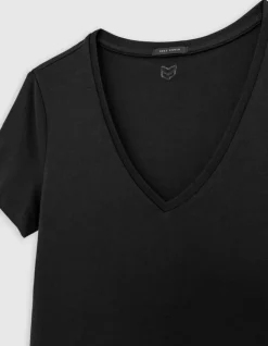 Tee-shirt encolure V noir broderie chevrons dos Femme