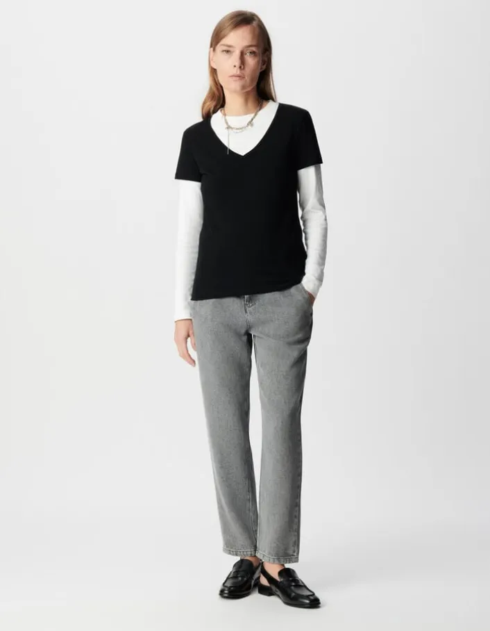 Tee-shirt encolure V noir broderie chevrons dos Femme