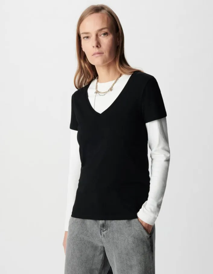 Tee-shirt encolure V noir broderie chevrons dos Femme