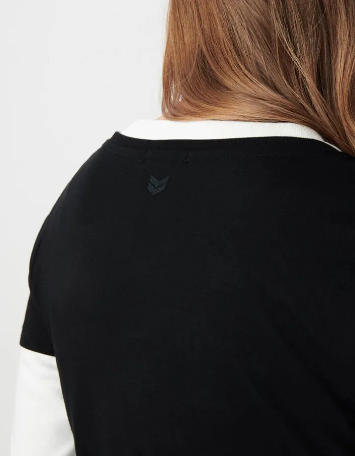 Tee-shirt encolure V noir broderie chevrons dos Femme