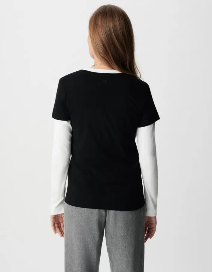Tee-shirt encolure V noir broderie chevrons dos Femme