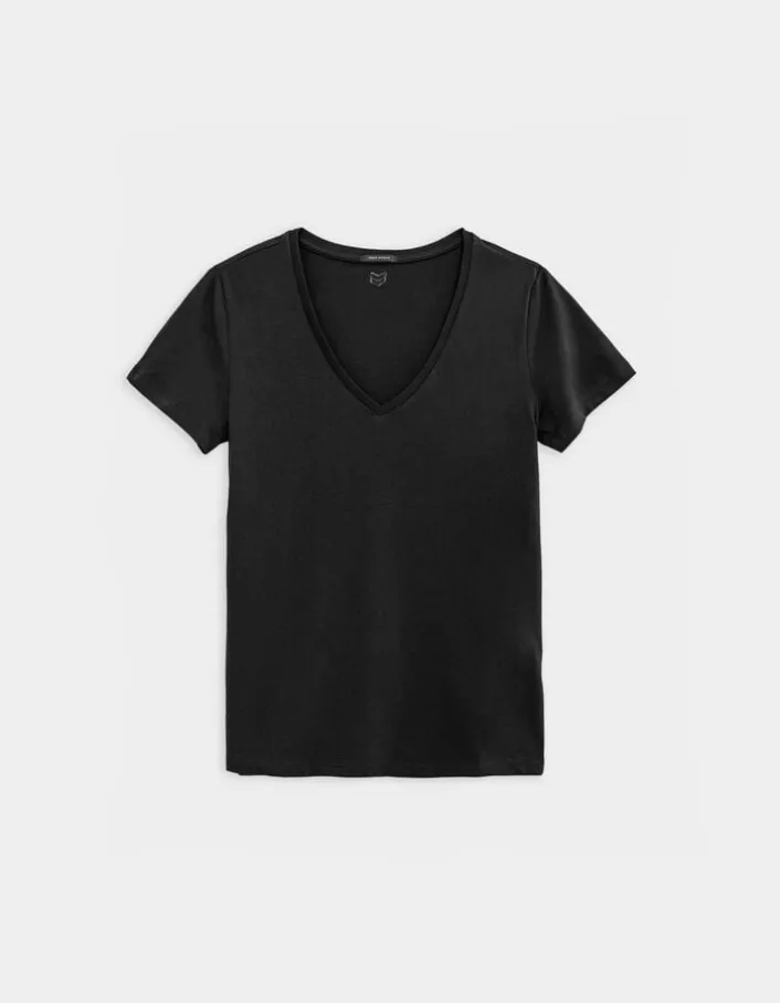 Tee-shirt encolure V noir broderie chevrons dos Femme