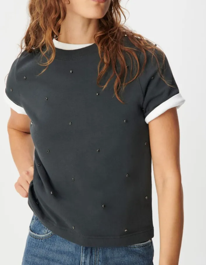 Tee-shirt gris décor strass Femme