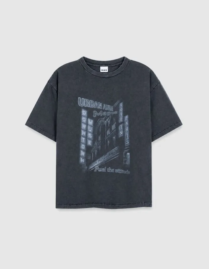Tee-shirt gris print immeubles et messages Femme