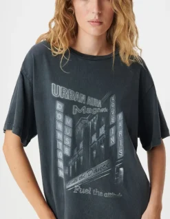 Tee-shirt gris print immeubles et messages Femme