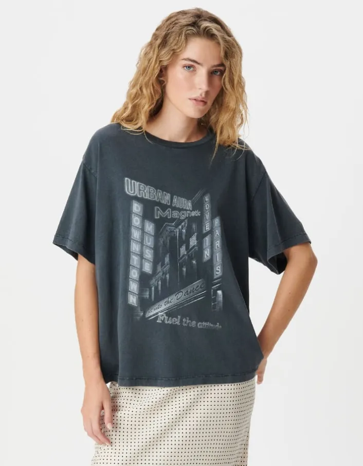 Tee-shirt gris print immeubles et messages Femme